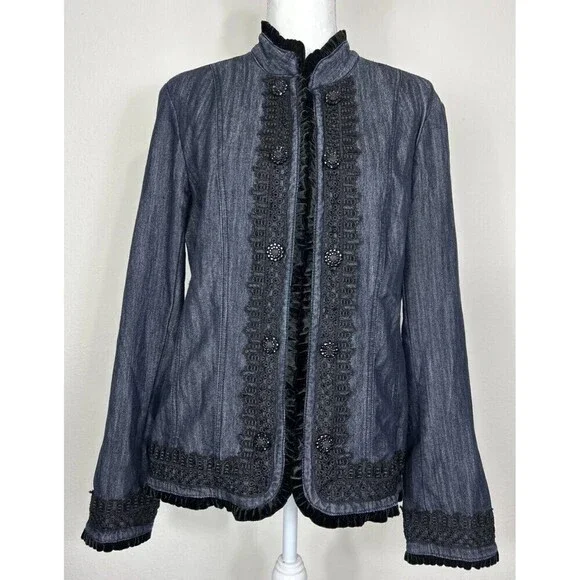 Emma James Victorian SteamPunk Style Dark Wash Jean Jacket Size 12 - Picture 1 of 12